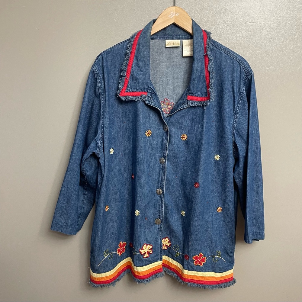 Vintage Bobbie Brooks Embroidered Floral Denim Shirt Jacket Women's XL shacket